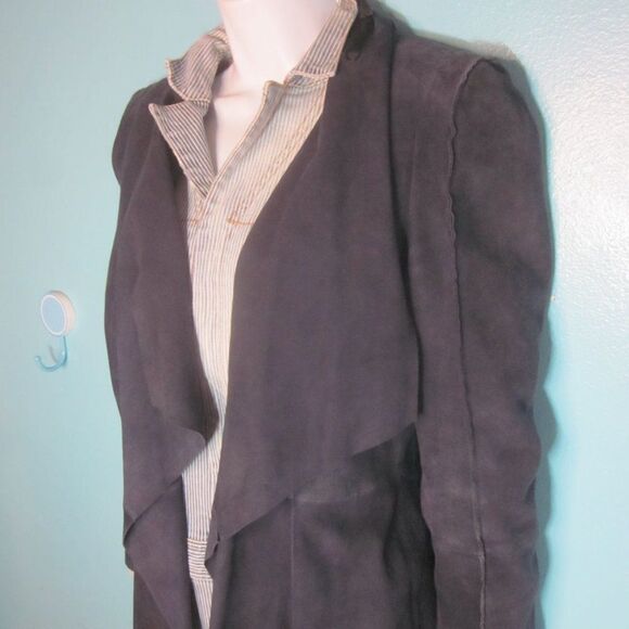 BCBG Womens Size S Navy Blue Leather Coat Draped Layered Waterfall Front Jacket - Picture 4 of 16